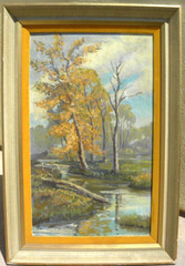 Impressionist vintage painting autumn landscape with tree and creek