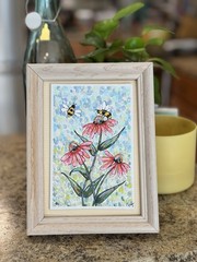 Bee And Daisy Painting, Small Art, 4×6”, Heartfelt_by_robin, Aceo, Bumblebee