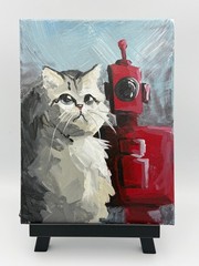 Original 8×10 Cat Robot Painting Whimsical Animal Art Acrylic Canvas