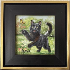 ORIGINAL OIL PAINTING BLACK CAT CATCHING BUTTERFLY SIGNED FRAMED 4×4