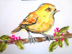 ACEO Cute Little YELLOW BIRD ON FLOWER TREE BRANCH Watercolor Painting