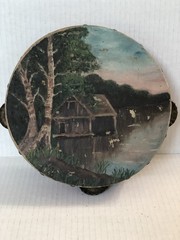 ANTIQUE PAINTED TAMBOURINE Drum Cabin Woods PORTRAIT DECORATIVE INSTRUMENT Music