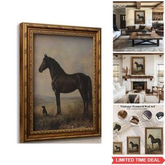 Vintage Horse Canvas Wall Art 9×11 Gold Frame Dog Painting Farmhouse Decor