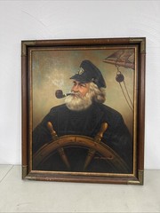 Vintage Large Original Sea Captain Oil Painting Pipe Scope Wheel by Kim Benson