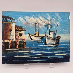 Nautical Oil Painting On Board Harbor Scene With Boats & Buildings 8.5″x6.5″