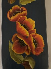 Vintage Hand Painted Floral Orange Poppies Wood Wall Plaque Signed Louise Brown