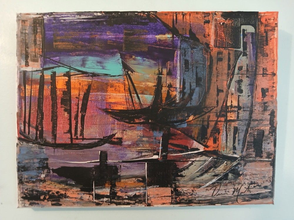 Mediterranean nights, original abstract painting 9×12