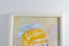 Girl Holding a Doll Original Acrylic on Board Nursery Art- by Leean White Frame