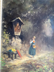 Praying Woman At Wayside Cross South German Catholic Church Antique Oil Signed