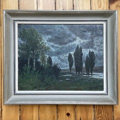 Vintage Oil & Board Nocturne Bucolic Landscape Painting Pointillist Signed Naive