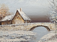 Vintage original painting 16×20″ Snow covered cabin with creek and stone bridge