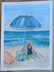 Peace Under Blue Umbrella Original La Jolla Beach RAMfish Artist 9″X12″ Watercol