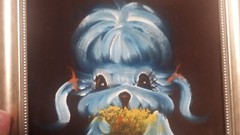 Blue Dog On Black Velvet Painting With Metallic Color Frame, No Signature