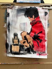 Original 11×14 Expressionist Hand Painted Signed Acrylic Paper Art Boy Play Rain