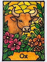 ACEO Original Art, Tiny Art, ATC – Watercolor – Chinese Zodiac – Ox