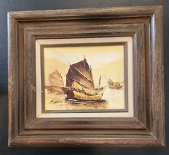 P.Wong Signed Oil On Canvas Painting Chinese Junk Ship Art 8 X 10 Frame 16 X 16