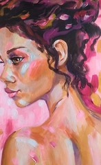 Acrylic original painting on panel with brunette woman portrait on the pink back