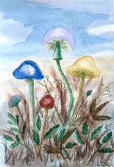 Original Watercolor Painting Mushrooms Forest Floor Fantasy Nature Signed 7×10