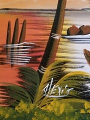 Acrylic Painting on Stretch Canvas Island Ocean Scene Boat Ship Palm Tree Sunset