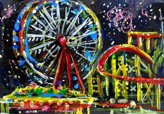 ORIGINAL ACEO Painting CARNIVAL Fair Amusement Park Fireworks Rides Fun ATC ART