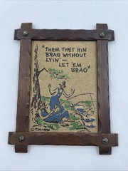 Antique Wood Framed Hand Painted Hillbilly Fishing Wall Art Picture
