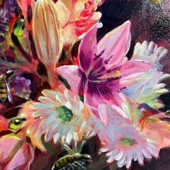 Original bee Painting Floral Bouquet honeybees Lily Rose still life surrealism