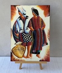 Vintage Guatemalan Folk Art Painting Mayan Figures Solola Wood Panel 11×8