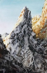 Mountain Original Watercolor Landscape Painting Evening Art Winter Snow