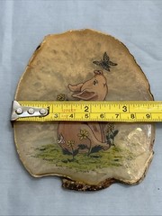 Vintage Signed Hand Painted Pig And Butterfly On Slice Of Agate Stone 1985