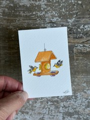 ACEO Original Orioles at Bird Feeder Watercolor 2.5×3.5” Art by Magdalina Studio