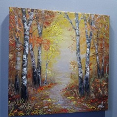 Autumn Forest Path Oil Painting Original Birch Trees Woodland Wall Art Decor 8×8