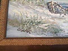 VTG Framed Oil On Canvas Painting Seascape Beach Seagulls Boat Signed 16 X 14”