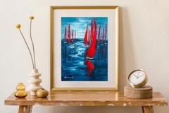 Sailboat Art Oil Night Landscape Art Boats Original Painting Small Nautical