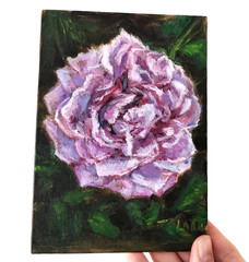 Pink Purple Rose Framed Original Oil Painting 5×7 Signed OOAK Floral Art Gift