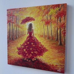 Original Oil Impressionist Portrait Painting Autumn Woman Fashion Nature Art