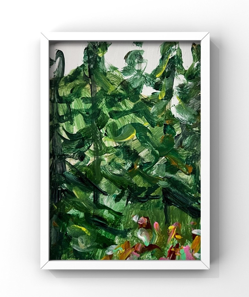 Green Forest Artwork Framed Original Small Painting Wildflowers Trees Abstract