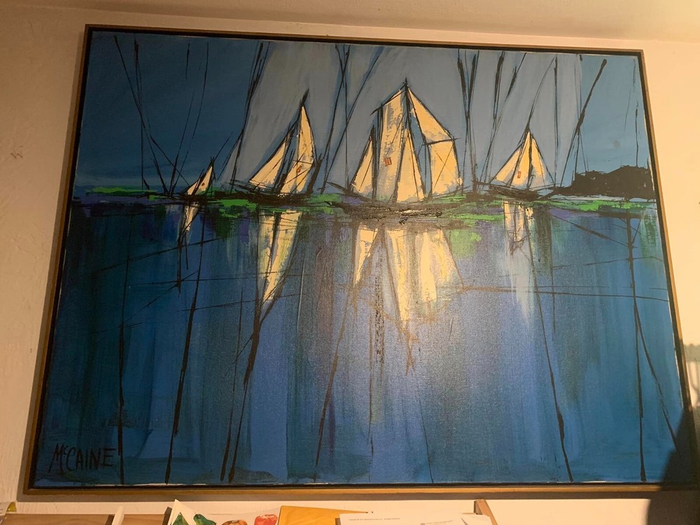 Original Robert McCaine Oil Painting on Canvas-Sailboats Mid Century Modern