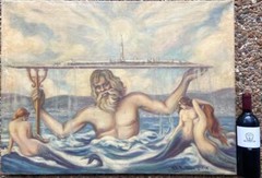 1939 San Francisco Golden Gate Expo Neptune Treasure Island Mermaid Oil Painting