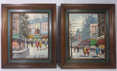 Orig. Oil Painting Canvas Street Scene Impressionism Prof. Framed Signed Set/2