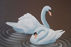 Beautiful Pair of White Swans Acrylic Painting Signed Lee Sheng(?) Painting Only
