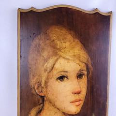 Vtg Painting Wood Plaque Girl With Christmas Holly 1970’s Realism OOAK