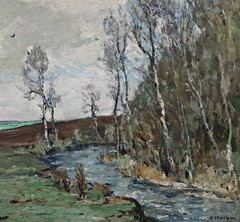 Ernst Kolbe Oil Painting Landscape With Creek Birches Horse Signed Framed