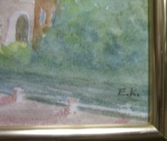 Watercolor View L’ILE ROUSSE CORSICA FRANCE Monument Statue Monogram E.K.