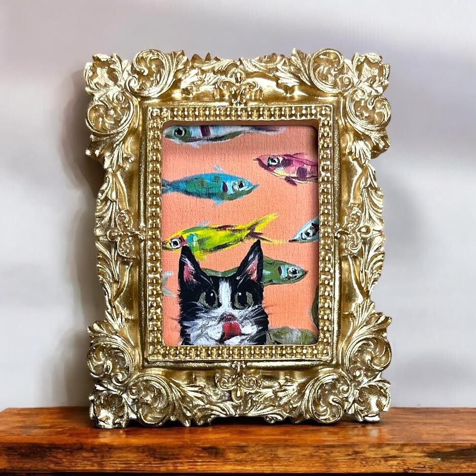 Mini framed whimsical Cat prints of my paintings in vintage style ornate frames