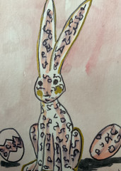 ACEO watercolor art by PJ, art card 2.5 x 3.5: funny bunny and eggs.