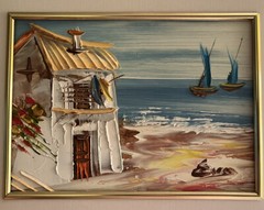 Painting Beach sea scape Villa Sailboats signed Evans 12 1/4 by 10 1/4 “ Framed