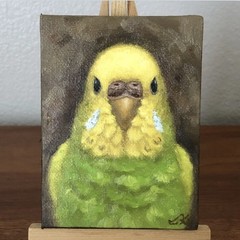 KaoruArtGallery, Budgie, Oil Painting 4x3in, Parakeet, Stand Set