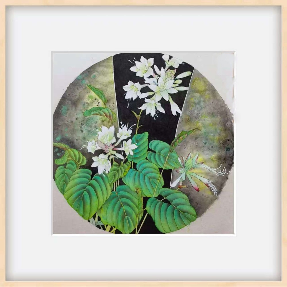 Handmade Chinese Gongbi Painting of Flowers Original Botanical Art No Frame 18in