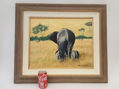 Original oil painting elephants ‚Mother & Twins‘ 2014 Dawn Canfield framed