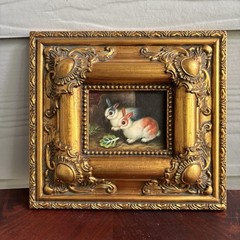 Vintage Bunny Rabbit Painting Gold Frame Ornate French Country Style Florentine